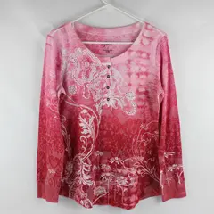 Style Co Sport Pink Beaded Floral Long Sleeve Shirt Polyester/Cotton Women's M