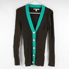 Old Navy Brown & Green Ribbed Button Up Cardigan 100% Cotton Women's Size Medium