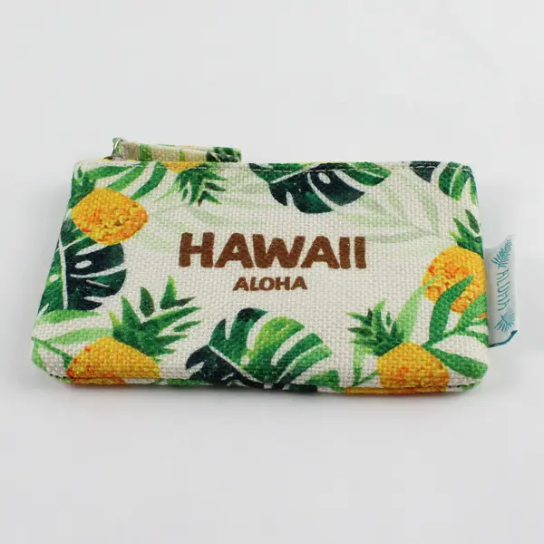 Island Crew Aloha Hawaii Burlap Coin Purse Zip  Pineapple Print Chain Clasp