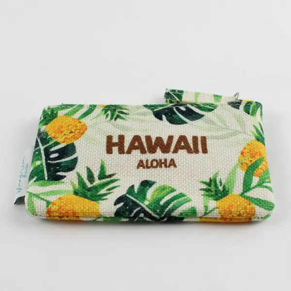 Island Crew Aloha Hawaii Burlap Coin Purse Zip  Pineapple Print Chain Clasp