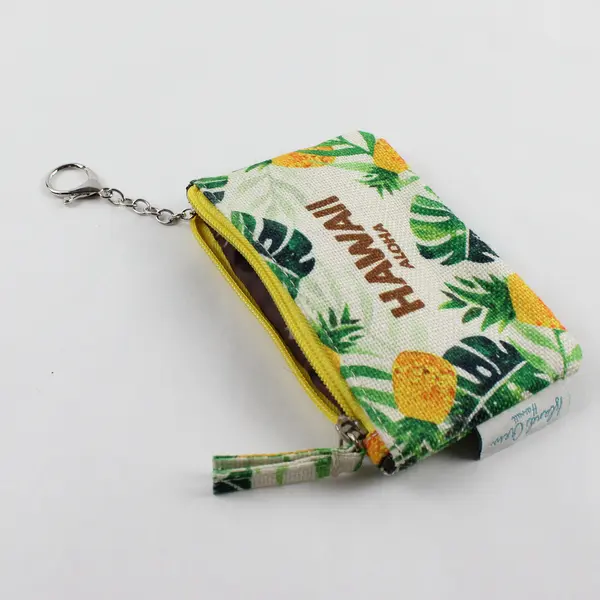 Island Crew Aloha Hawaii Burlap Coin Purse Zip  Pineapple Print Chain Clasp