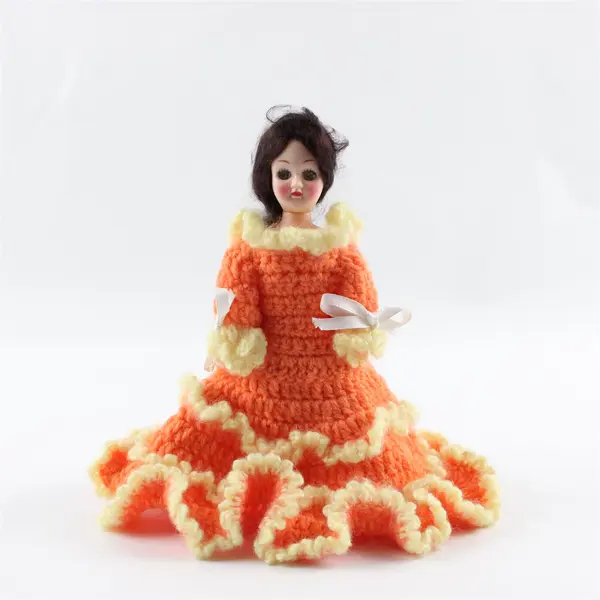 Vintage Hard Plastic Sleepy Eye Doll in Orange & Yellow Crocheted Dress 7" Tall