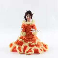 Vintage Hard Plastic Sleepy Eye Doll in Orange & Yellow Crocheted Dress 7" Tall