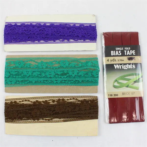Lot of 3 Pieces of Colored Lace Used & 1 Pack Wrights Bias Brick Red Tape New