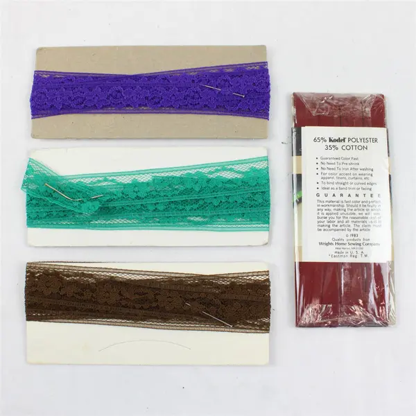 Lot of 3 Pieces of Colored Lace Used & 1 Pack Wrights Bias Brick Red Tape New