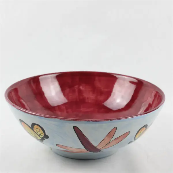 Handmade Beth 2004 Butterfly/Bug Painted Round Ceramic Serving Bowl 11.25"