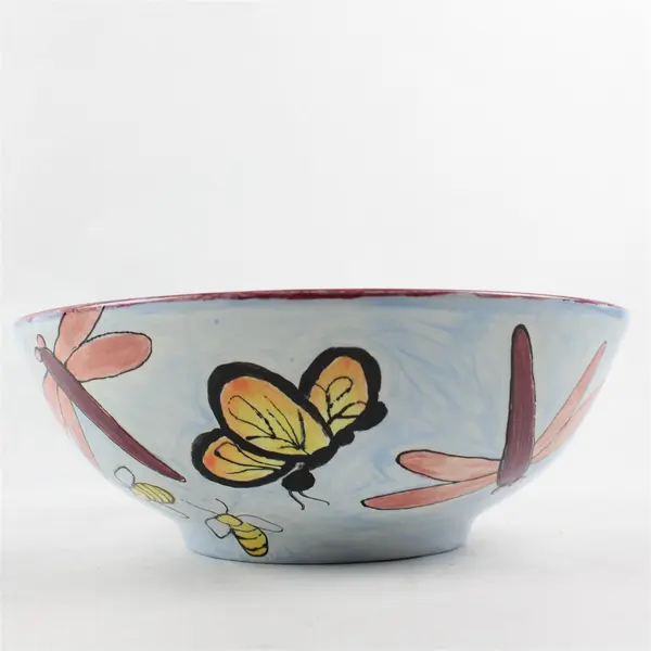 Handmade Beth 2004 Butterfly/Bug Painted Round Ceramic Serving Bowl 11.25"