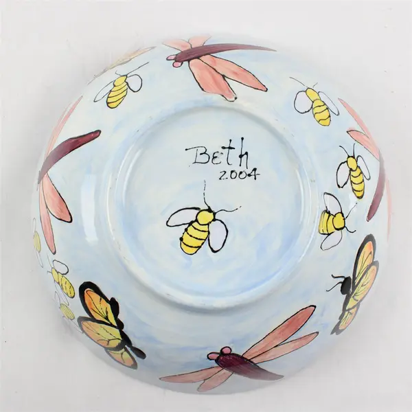 Handmade Beth 2004 Butterfly/Bug Painted Round Ceramic Serving Bowl 11.25"