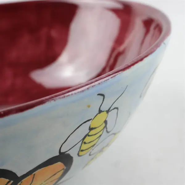 Handmade Beth 2004 Butterfly/Bug Painted Round Ceramic Serving Bowl 11.25"