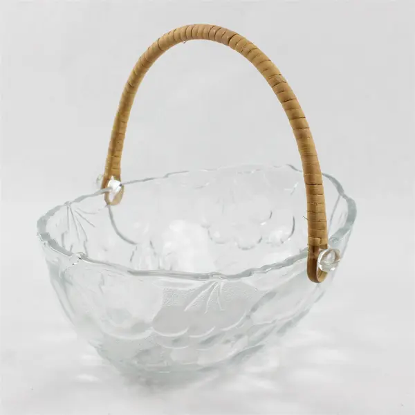Libbey Orchard Fruit Clear Pattern 10" Oval Glass Bowl With Woven Rattan Handle