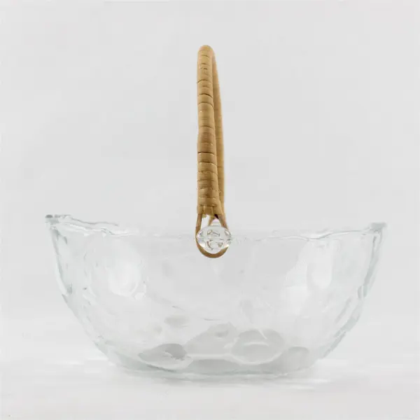 Libbey Orchard Fruit Clear Pattern 10" Oval Glass Bowl With Woven Rattan Handle