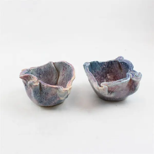 Lot Of 2 Handmade/Unmarked Matching Purple/Blue Home Decor Ceramic Bowls 7"
