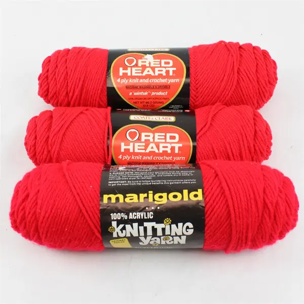 Lot of 3 Skeins of Red Heart Classic Red Yarn, Coats & Clark /Marigold, New 
