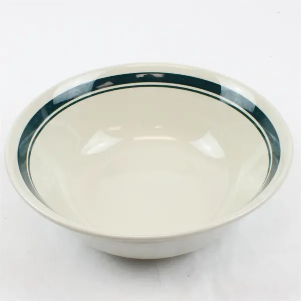 Vtg Unbranded White W/ Green Stripe Stoneware Ceramic Round Soup Bowl 9"