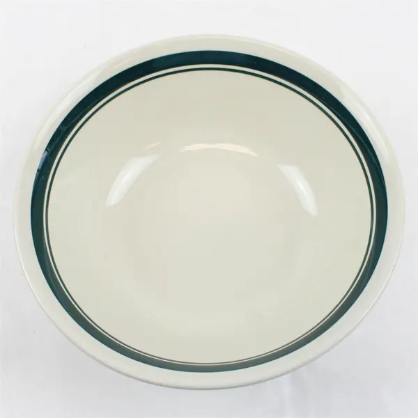 Vtg Unbranded White W/ Green Stripe Stoneware Ceramic Round Soup Bowl 9"