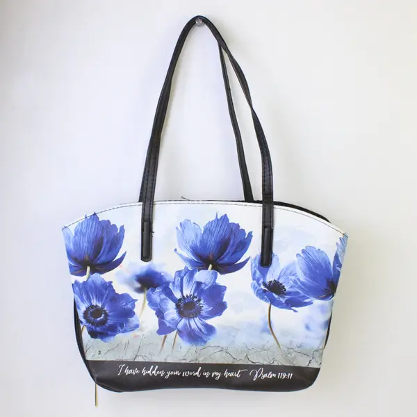 Psalm 119:11 Bible Cover Wedge XL Blue Floral Black Padded Zipper