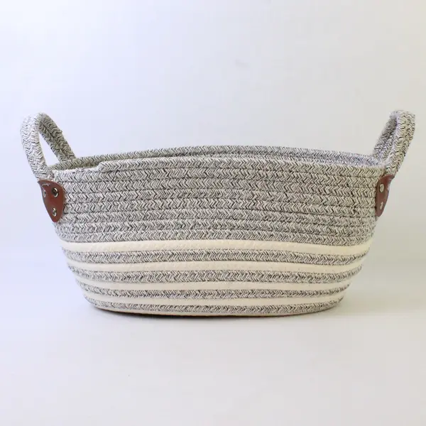White & Grey Cotton Rope Storage Basket w/ Handles - 13.5x7x8.5 in