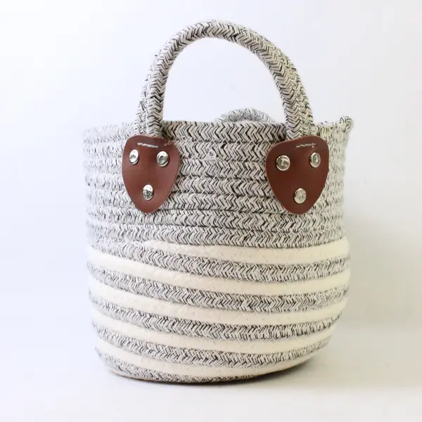 White & Grey Cotton Rope Storage Basket w/ Handles - 13.5x7x8.5 in