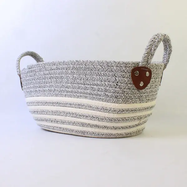 White & Grey Cotton Rope Storage Basket w/ Handles - 13.5x7x8.5 in