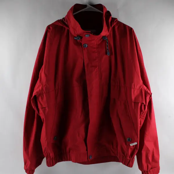 Vintage London Fog Men's Size LR Red Full Zip Tuckable Hood Raincoat
