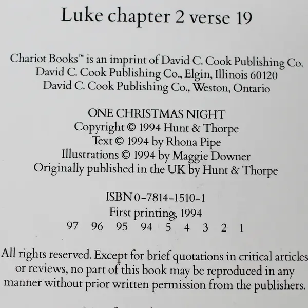One Christmas Night by Rhona Pipe 1994 Hardcover Dust Jacket Ages 3 & Up Good