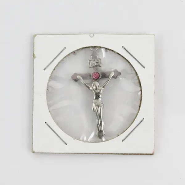 Small Silver-Toned Crucifix Pendant W/Small Pink Stone & INRI Above Head Sealed