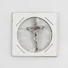 Small Silver-Toned Crucifix Pendant W/Small Pink Stone & INRI Above Head Sealed