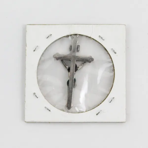 Small Silver-Toned Crucifix Pendant W/Small Pink Stone & INRI Above Head Sealed