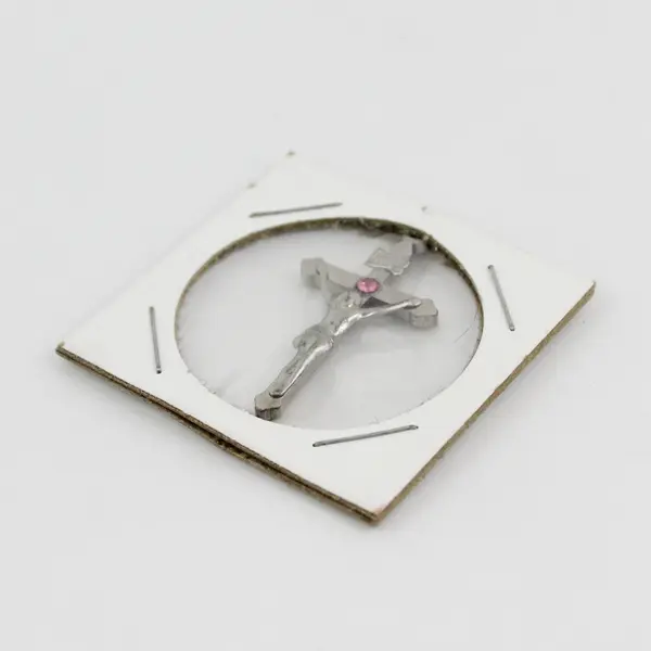 Small Silver-Toned Crucifix Pendant W/Small Pink Stone & INRI Above Head Sealed