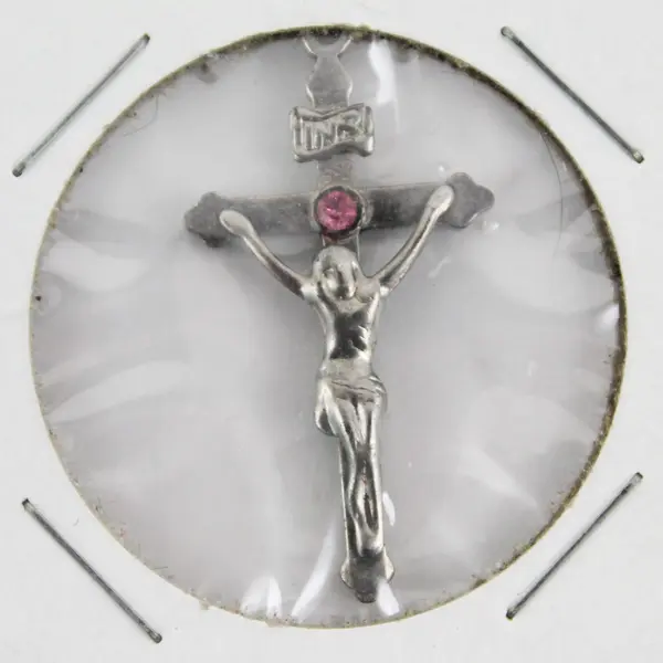 Small Silver-Toned Crucifix Pendant W/Small Pink Stone & INRI Above Head Sealed