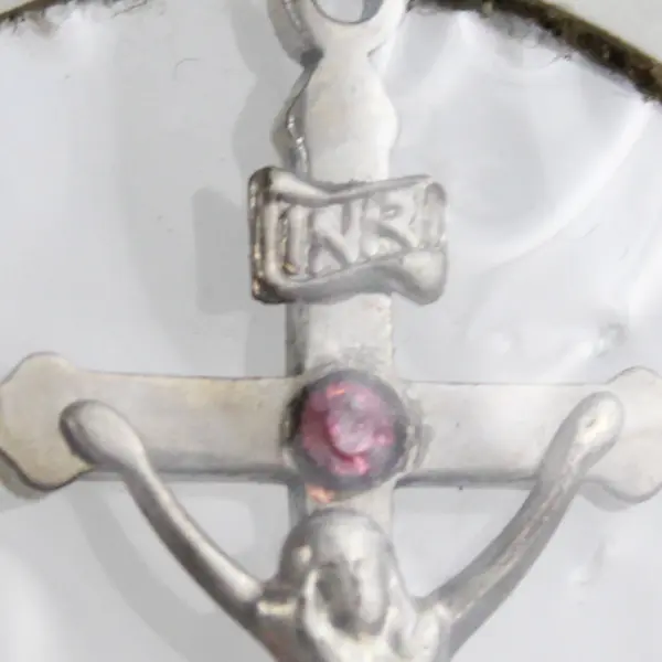 Small Silver-Toned Crucifix Pendant W/Small Pink Stone & INRI Above Head Sealed