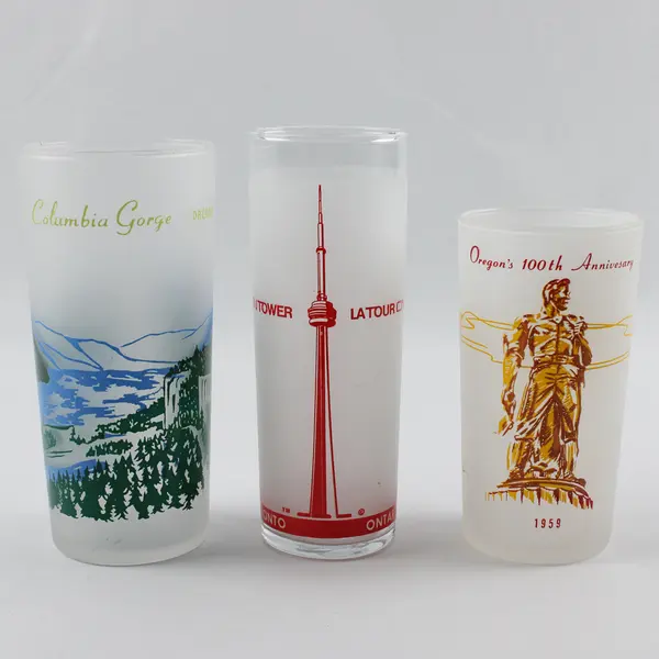 Lot of 3 Travel Souvenir and Commemorative Frosted Glass Tumblers