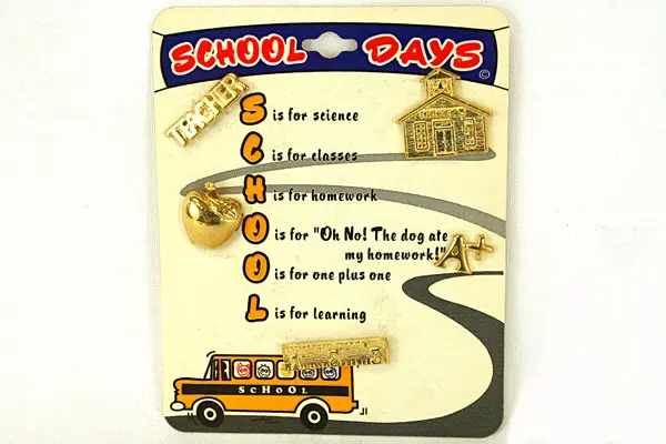 Roman Inc. School Days 5 Pin Set - New Gold Tone Pins on Display Card