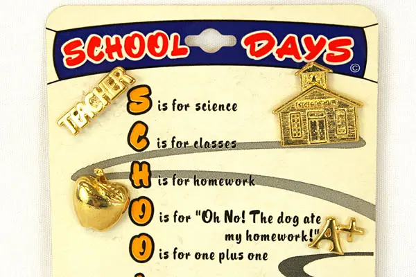 Roman Inc. School Days 5 Pin Set - New Gold Tone Pins on Display Card