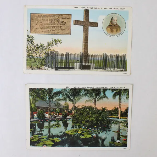 Lot Of 2 Vintage San Diego Calif Litho Postcards Lily Pond Serra Monument  