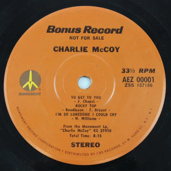 Charlie McCoy Bonus Record 7" Vinyl Record