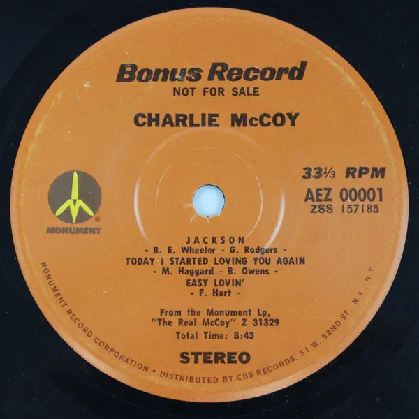 Charlie McCoy Bonus Record 7" Vinyl Record