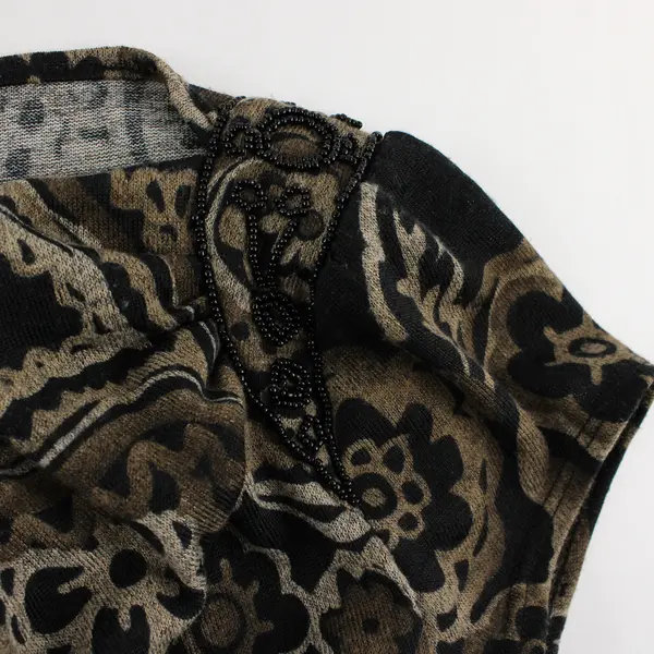 Grace Elements Black and Brown Floral Pattern Beaded Top Women's Medium