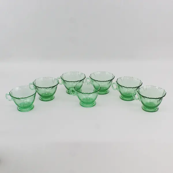 Set of 7 Heisey Moongleam Footed Green Cups With Scalloped Rims