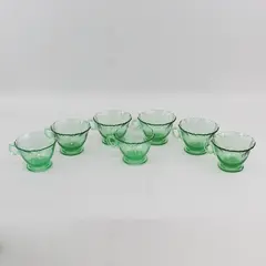Set of 7 Heisey Moongleam Footed Green Cups With Scalloped Rims
