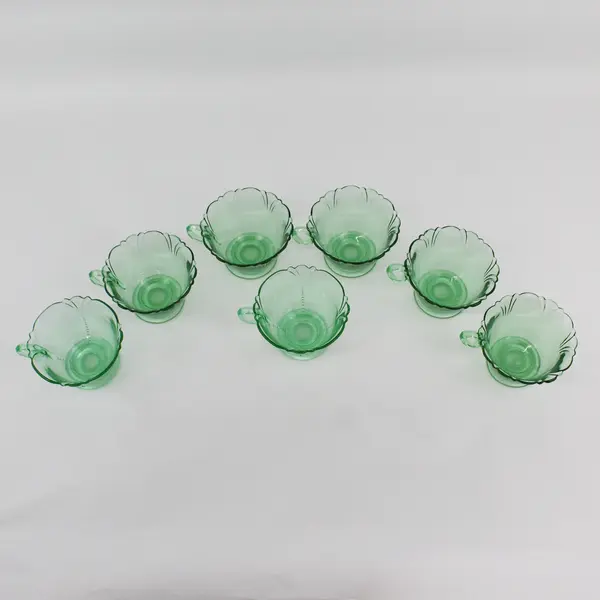 Set of 7 Heisey Moongleam Footed Green Cups With Scalloped Rims