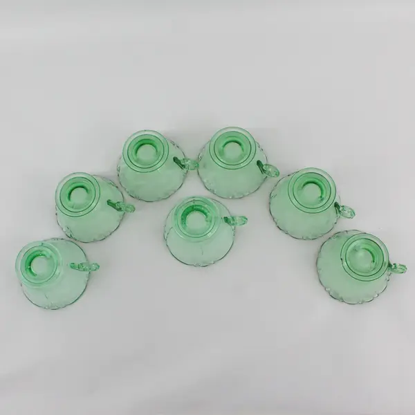Set of 7 Heisey Moongleam Footed Green Cups With Scalloped Rims