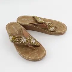 Patrizia By Spring Step Tan Embellished Wedge Flip Flops/Sandals Womens Sz 10.5