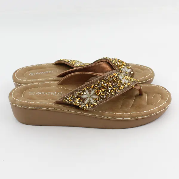 Patrizia By Spring Step Tan Embellished Wedge Flip Flops/Sandals Womens Sz 10.5