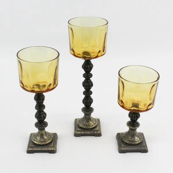 Set of 3 Brass And Amber Glass Graduated Size Pillar Votive Candle Holders