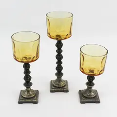 Set of 3 Brass And Amber Glass Graduated Size Pillar Votive Candle Holders