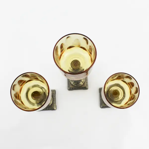 Set of 3 Brass And Amber Glass Graduated Size Pillar Votive Candle Holders