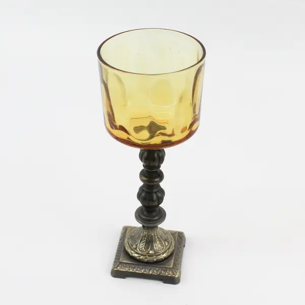 Set of 3 Brass And Amber Glass Graduated Size Pillar Votive Candle Holders