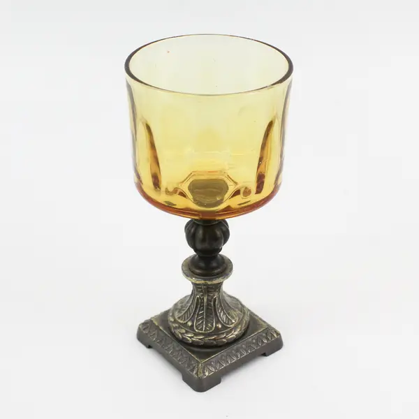Set of 3 Brass And Amber Glass Graduated Size Pillar Votive Candle Holders