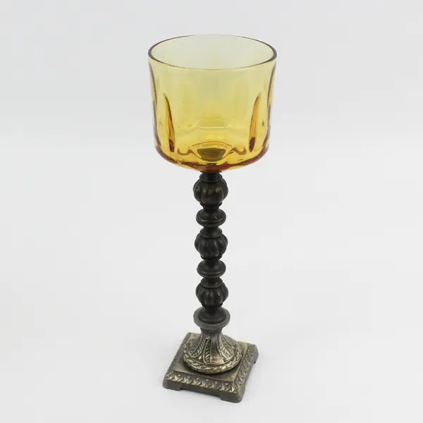 Set of 3 Brass And Amber Glass Graduated Size Pillar Votive Candle Holders